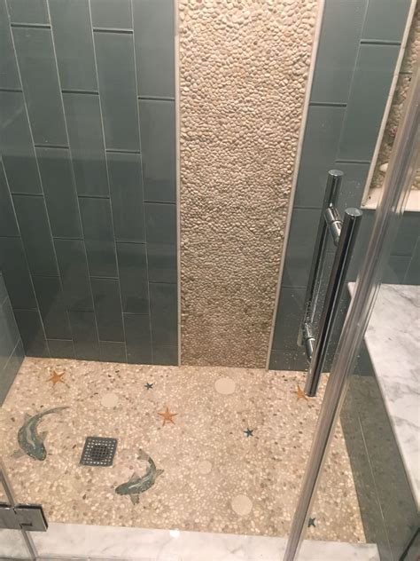 Wood Look Tile Shower With Pebble Floor Design Corral