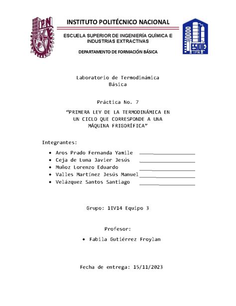 Practica No 7 termo INSTITUTO POLITÉCNICO NACIONAL ESCUELA SUPERIOR