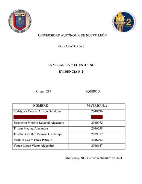 Equipo 5 EV 2 LME La mecánica en el entorno Preparatoria 9 de la