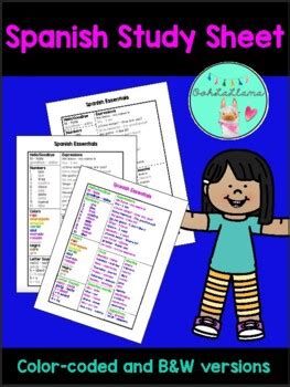 Spanish Cheat Sheet Study Guide Elementary Or Spanish 1 By OohLaLlama