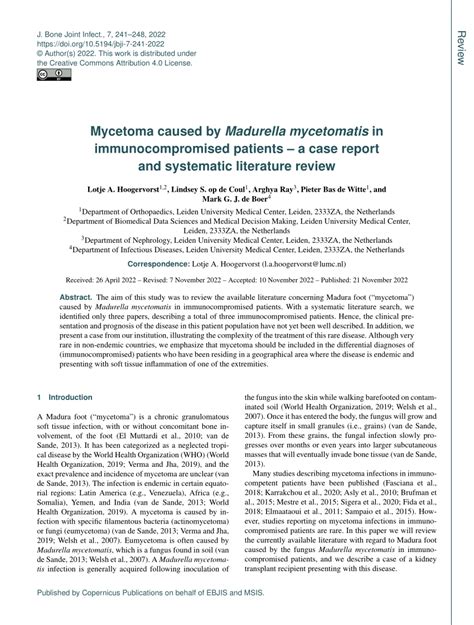 Pdf Mycetoma Caused By Madurella Mycetomatis In Immunocompromised Patients A Case Report And