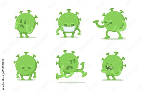 Set of funny coronavirus cartoon characters in different poses. Green ...