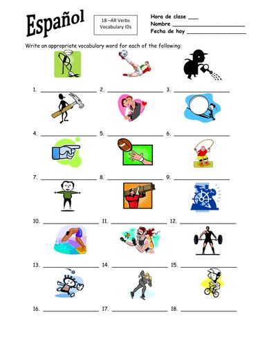 Spanish AR Verbs 18 Vocabulary IDs Worksheet | Teaching Resources