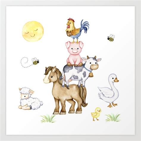 Watercolor Farm Animals Stacked Art Print by decampstudios | Society6