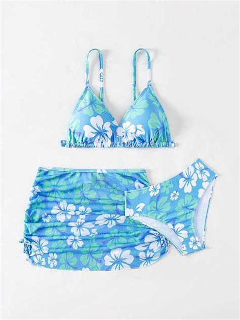 Tween Girl Floral Print Triangle Bikini Swimsuit With Beach Skirt