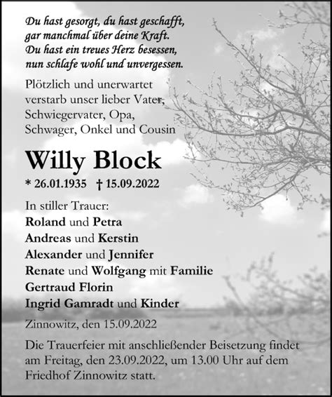 Traueranzeigen Von Willy Block Trauer Anzeigen De