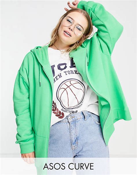 Asos Design Curve Oversize Kapuzenjacke In Grün Mit Reißverschluss Asos