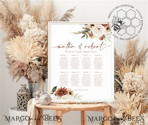 Boho Wedding Seating Chart Cards Template Printable Seating Chart