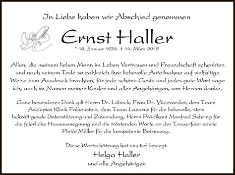 Traueranzeigen Von Ernst Haller Trauer Op Online De