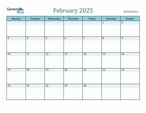 February 2025 - Zimbabwe Monthly Calendar with Holidays