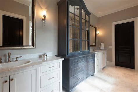 Black Bathroom Linen Cabinet With Metal Lattice Cabinet Doors Transitional Bathroom Atelier