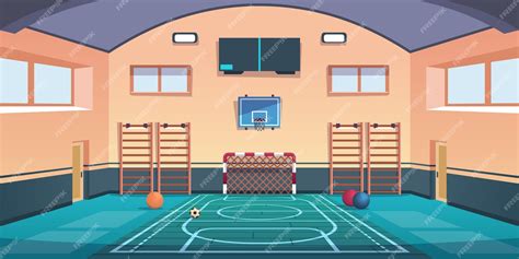 Premium Vector Cartoon School Court Gym With Basketball Basket And