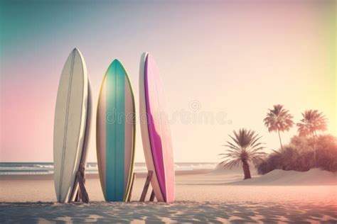 Surfboard And Palm Tree On Sunset Tropical Beach Generative Ai Stock