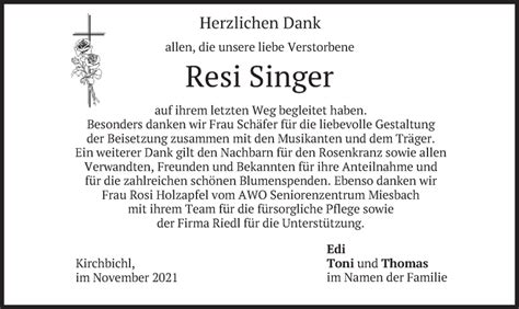 Traueranzeigen Von Resi Singer Trauer Merkur De