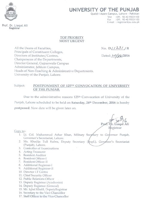 Postponment Of 125th Convocation Of University Of The Punjab