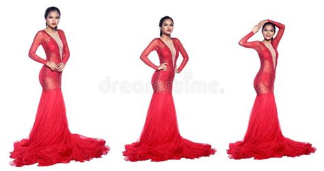 Full Length Body Portrait Of 20s Asian Woman Wear Red Evening Gown Long Ball Dress Stock Image