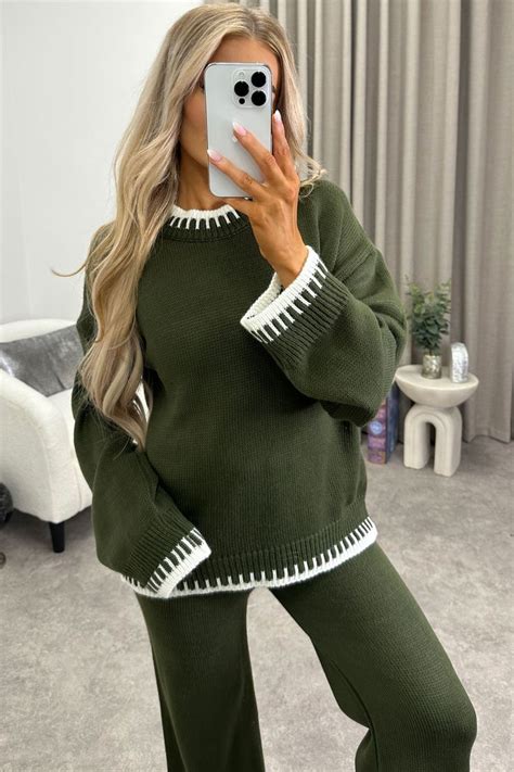 Cloe Khaki Contrast Trim Knitted Jumper And Wide Leg Trousers Co Ord