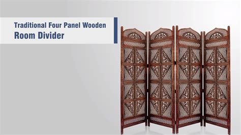 Handcrafted Wooden 4 Panel Room Divider Screen Featuring Lotus Pattern