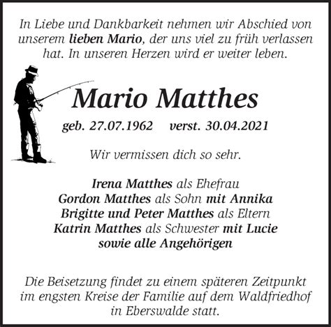 Traueranzeigen von Mario Matthes Märkische Onlinezeitung Trauerportal