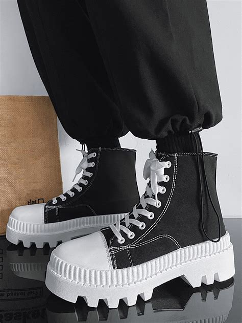 Black And White Collar Colorblock Combat Boots Embellished Men Shoes