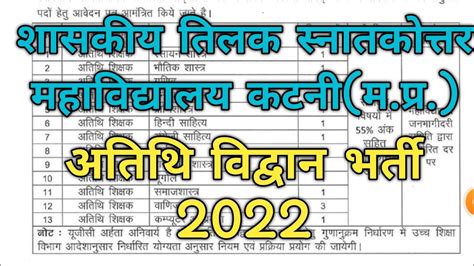 Guest Faculty Vacancy In Govt College Katni MP Atithi Vidhwan