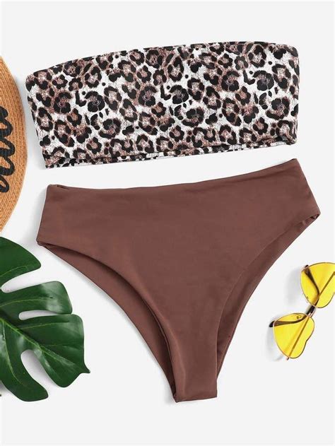 Shein Leopard Print Bandeau With High Waist Bikini Set Printed