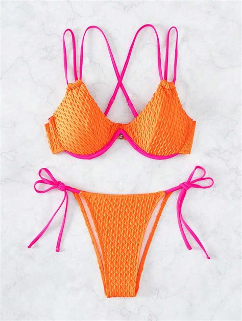 SHEIN Swim Bañador bikini unido en contraste con aro con cordón lateral