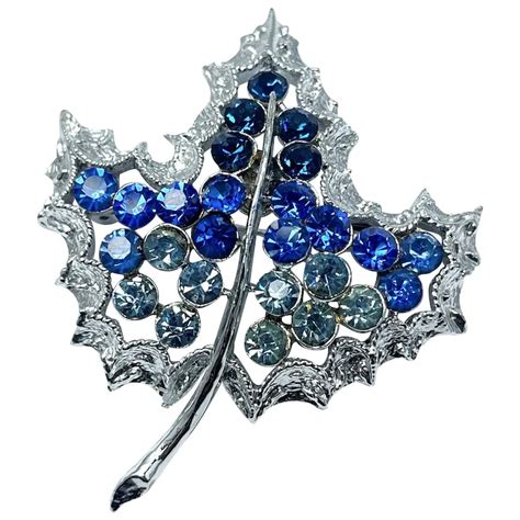 Vintage Blue Rhinestone Leaf Brooch Pin Ruby Lane