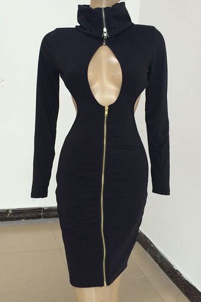 Sexy Turtleneck Long Sleeves Zipper Design Hollow Out Black Cotton