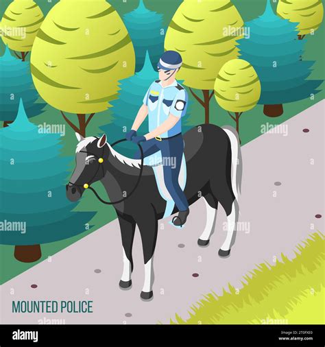 Mounted Police Isometric Background With Policeman Patrolling City Park