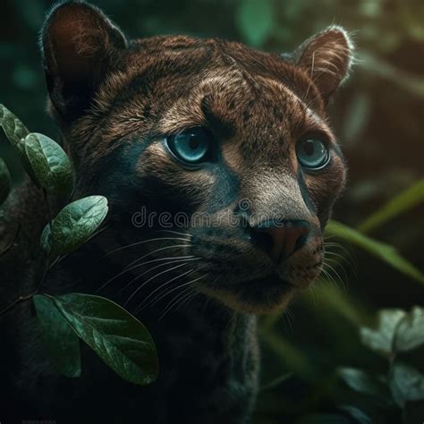 Portrait Of A Jaguarundi With Leaves Fused With The Green Leaves And