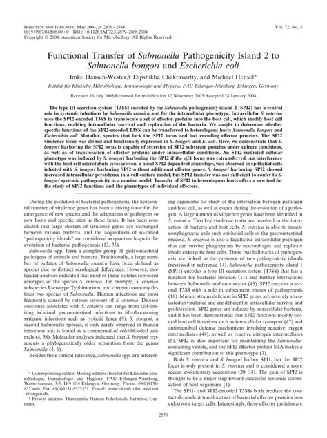 (PDF) Functional Transfer of Salmonella Pathogenicity Island 2 to Salmonella bongori and ...