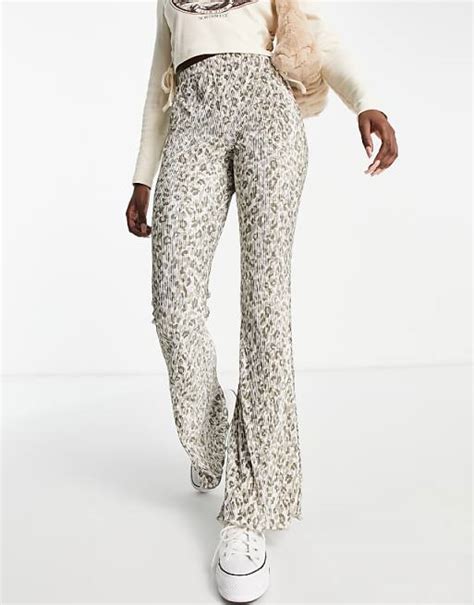 Topshop Plisse Flared Trouser In Leopard Print Asos