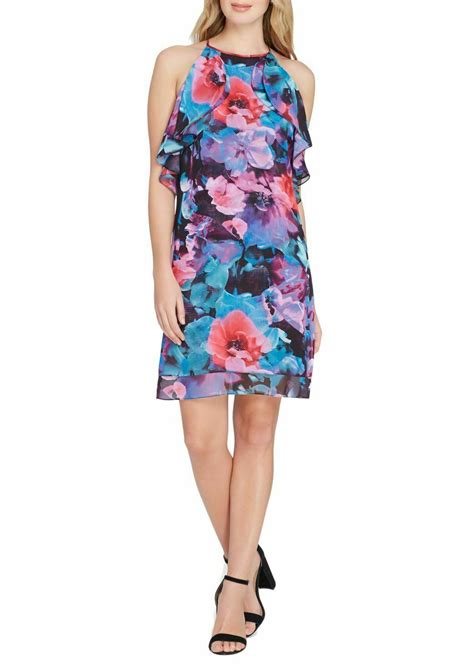 Tahari Asl Levine Watercolor Floral Ruffle Chiffon Sh Gem