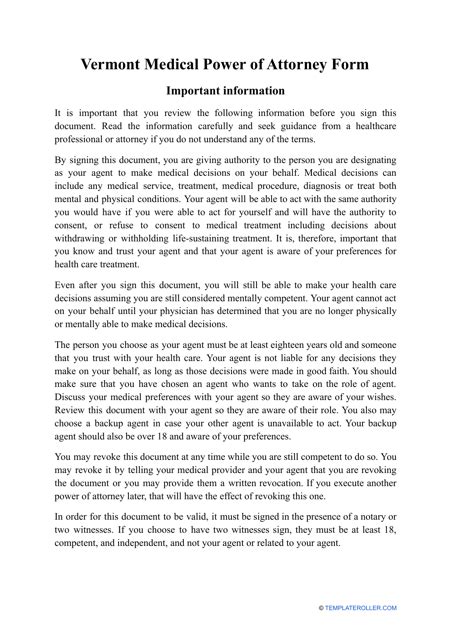 Vermont Medical Power Of Attorney Form Fill Out Sign Online And