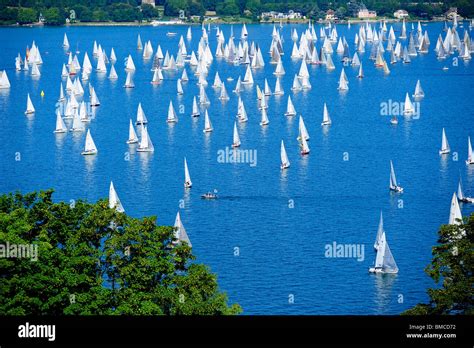 The start of the annual Bol d'Or sailing race on Lac Léman, Switzerland, viewed from a high ...