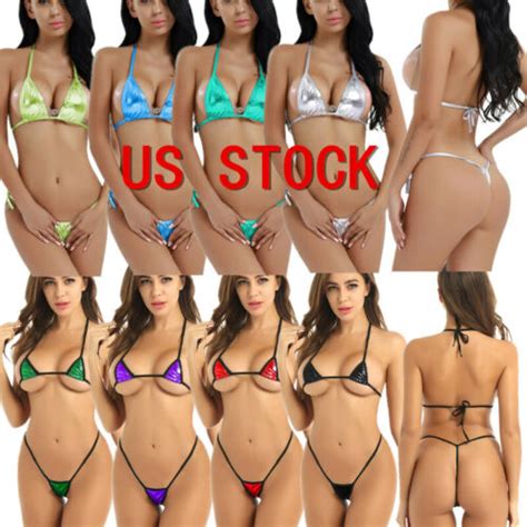 Buy Us Sexy Women Bikini Set Shiny Metallic Halter Bra Micro G String