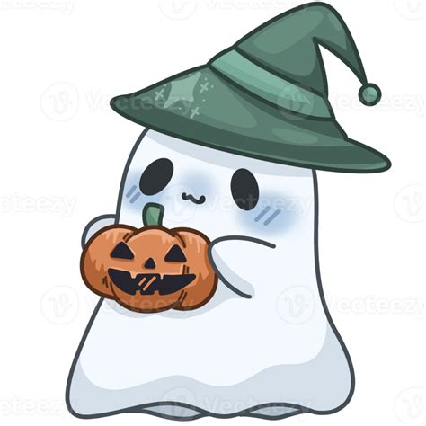 Cute Halloween Ghost With Pumpkin Wear Green Witch Hat 34332385 PNG