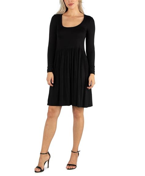 24seven Comfort Apparel Womens Knee Length Pleated Long Sleeve Dress