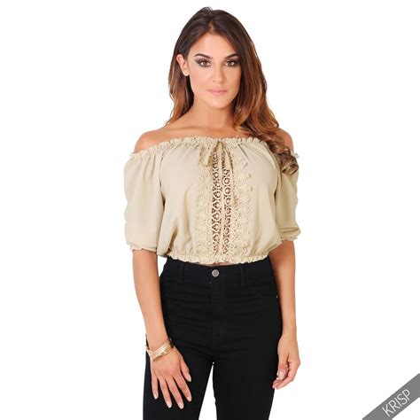 Womens Ladies Boho Sexy One Off Shoulder Bardot Blouse Cropped Gypsy