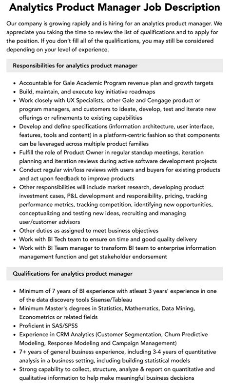 Analytics Product Manager Job Description Velvet Jobs