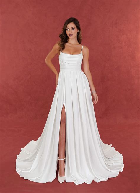 Azazie Caymus Diamond White A Line Scoop Pleated Crepe Back Satin Dress