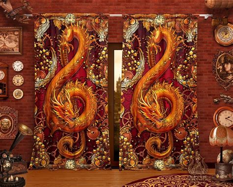 Dragon Curtains 50x84 Printed Window Panels Treble Clef Music Art Print Steampunk Room