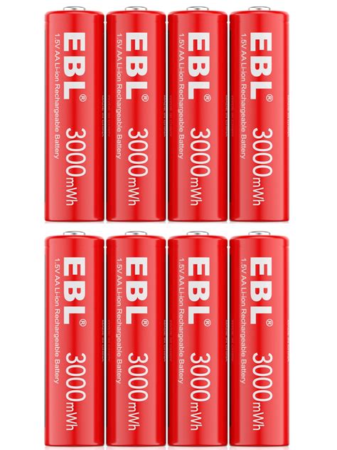 EBL 8 Pack Rechargeable Lithium AA Batteries 3000mAH 1 5V High