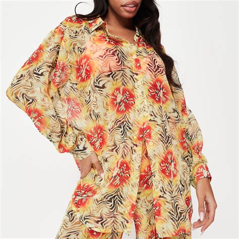 Missguided Tropical Print Mesh Beach Cover Up Shirt Multi