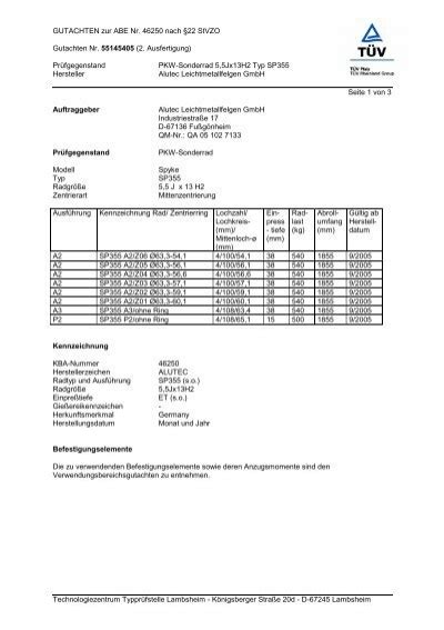 GUTACHTEN Zur ABE Nr 46250 Nach 22 Stvzo Alutec