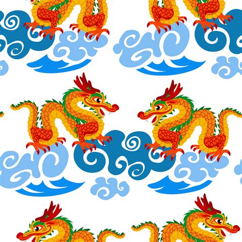 Vector seamless pattern with orange Chinese dragons on clouds. Hand ...