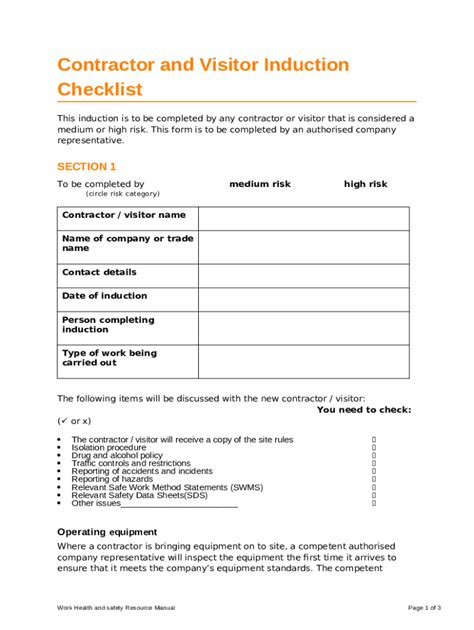 Contractor Induction Checklist Template Free To Use And Edit Doc