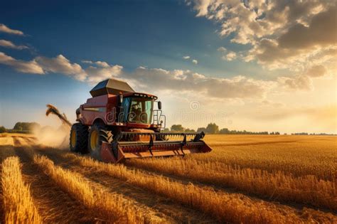 Combine Harvester Working On A Wheat Field At Sunset A Busy Farmer