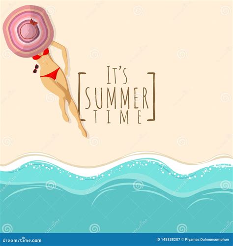 Top View Beach Background With Woman In Red Bikini Swimming Suite Wear Big Hat Sunbathing On The